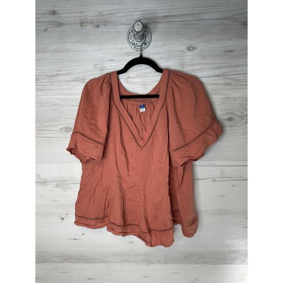 Old Navy Blouse Womens XL Amber Glow Flowy Short Sleeve V Neck Crochet Peasant - Picture 1 of 9